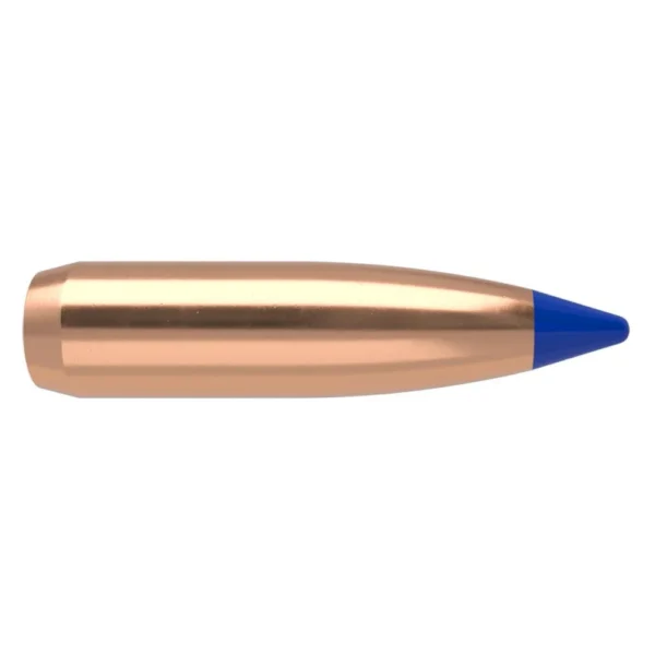 Nosler Ballistic Tip Hunting Rifle Bullets copper-colored bullet with blue tip, side view
