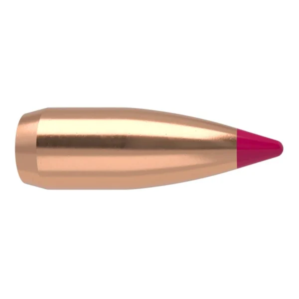 Nosler Ballistic Tip Varmint rifle bullet, copper-colored side view with purple pointed tip