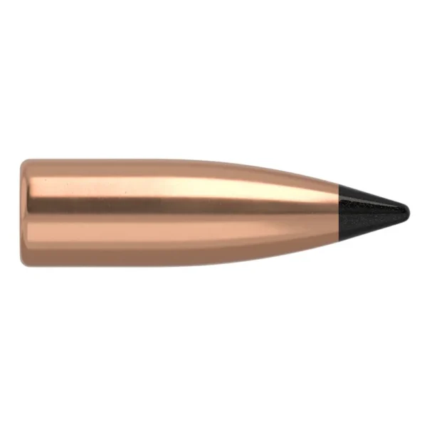 Nosler VarMageddon Rifle Bullet, copper-colored side view with black pointed tip