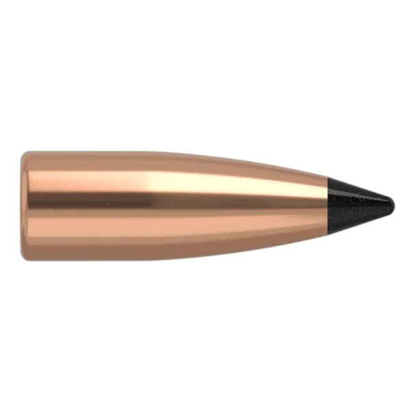 Nosler VarMageddon Rifle Bullets, side view of copper-colored bullet with pointed black tip