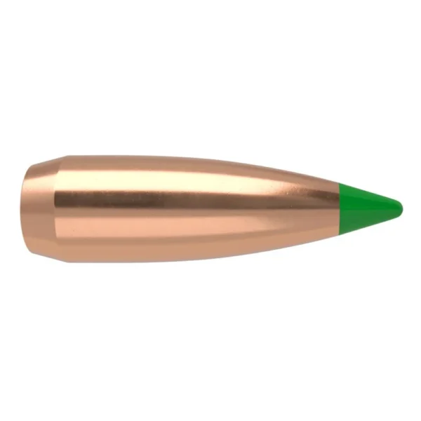 Nosler Ballistic Tip Hunting Rifle Bullets copper bullet with green tip, side view