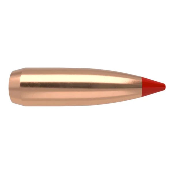 Nosler Ballistic Tip Hunting Rifle Bullets, side view of copper-coloured bullet with red polymer tip