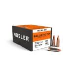 Nosler Ballistic Tip Varmint Rifle Bullets box with four copper-coloured bullets displayed