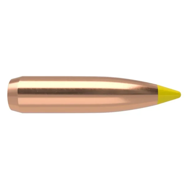 Nosler Ballistic Tip Hunting rifle bullet, copper side view with yellow polymer tip