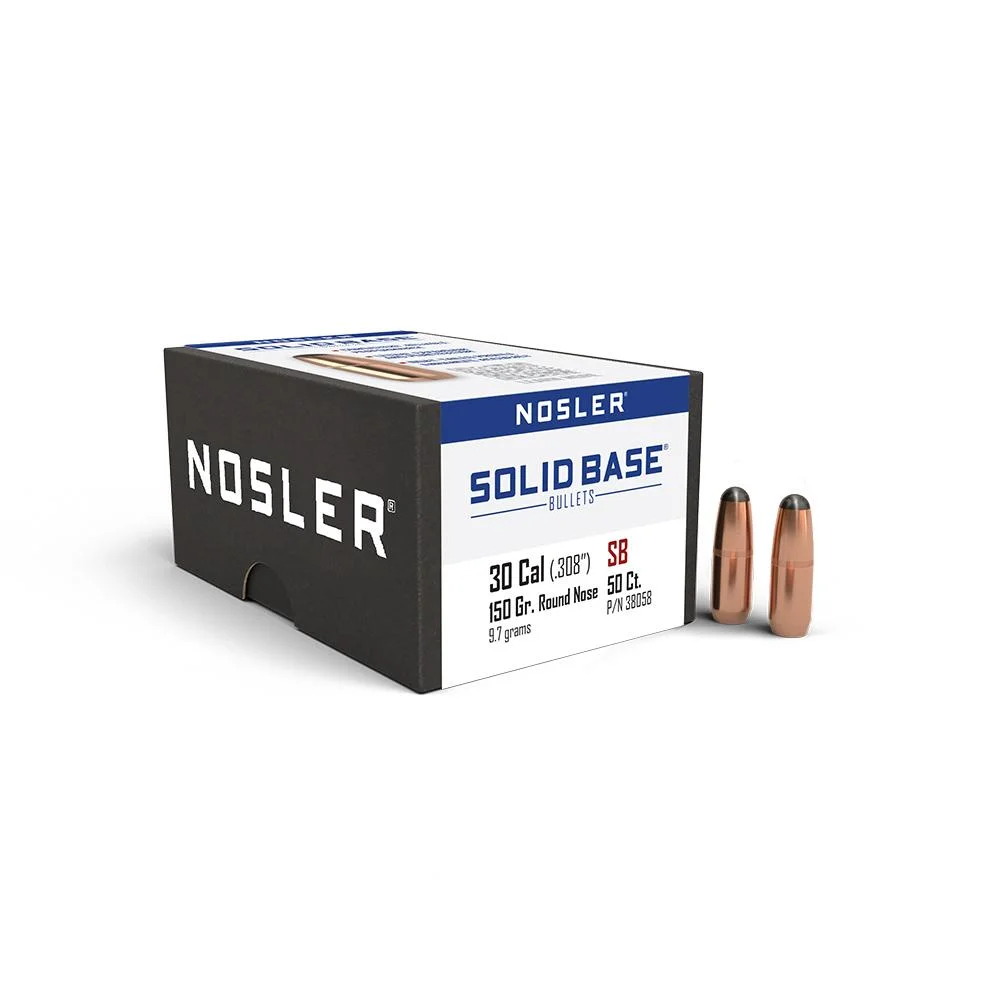 primary-27361 Nosler Solid Base Round Nose Rifle Bullets, black and white box with two copper bullets