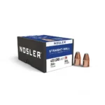 Nosler Straight Wall Rifle Bullets, black and blue box with two copper-coloured bullets