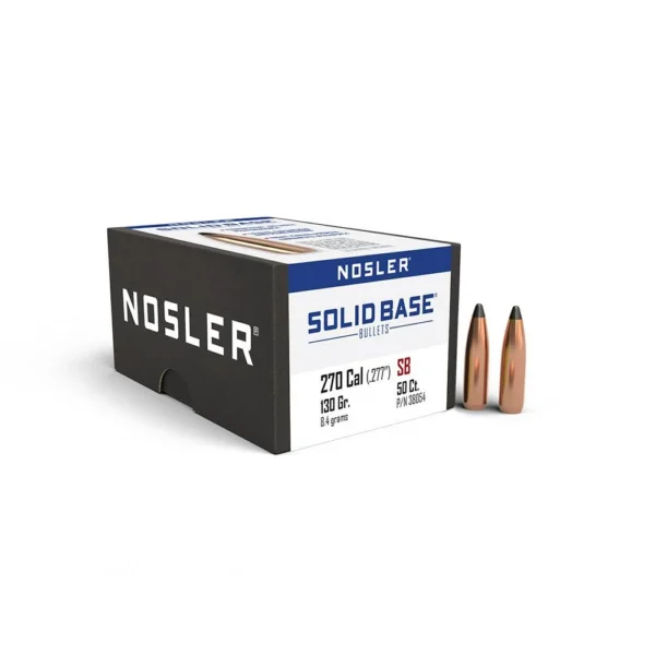 Nosler Solid Base rifle bullets, black and white box with two copper-coloured bullets