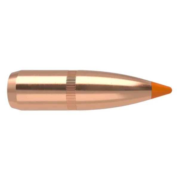 Nosler Ballistic Tip Varmint Bullets copper-coloured bullet with orange polymer tip, side view