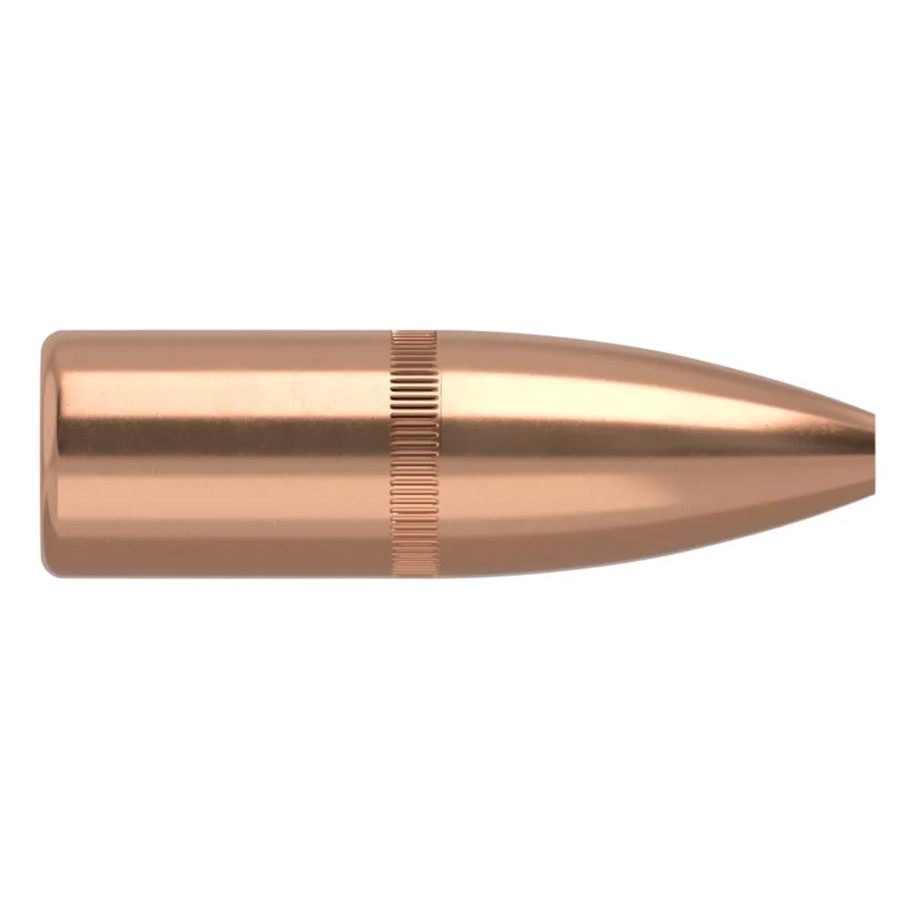 primary-27379 Nosler VarMageddon copper-coloured bullet, side view with hollow-point tip and cannelure