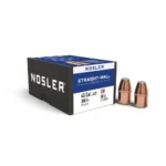 Nosler Straight Wall Rifle Bullets, angled view of black and blue box with two copper bullets