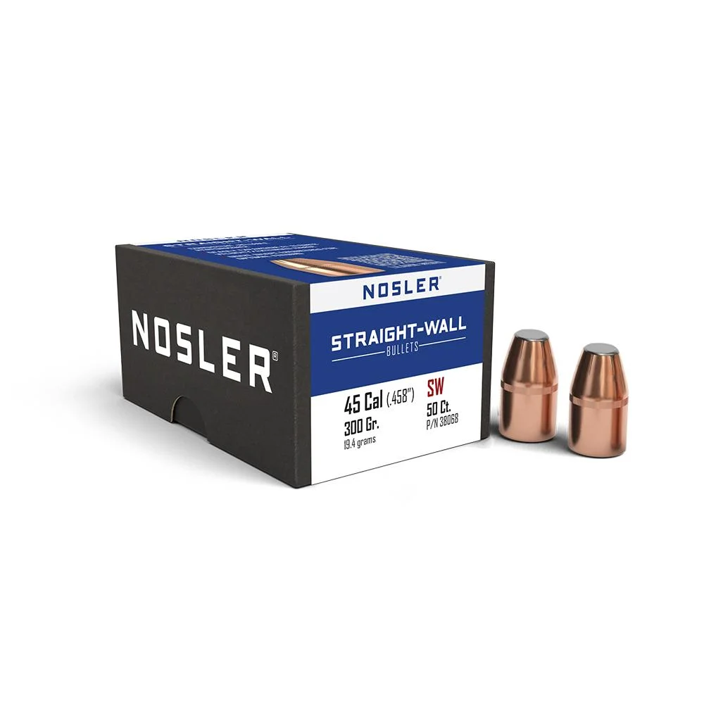 primary-27382 Nosler Straight Wall Rifle Bullets, angled view of black and blue box with two copper bullets