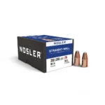 Nosler Straight Wall Rifle Bullets box with two copper-coloured bullets displayed beside it