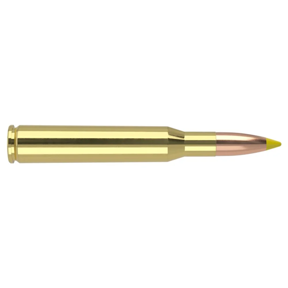 primary-27404 Nosler Ballistic Tip Hunting Rifle Ammunition, brass cartridge with yellow-tipped bullet, side view