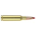 Nosler Ballistic Tip Hunting rifle cartridge, side view with brass case and red-tipped bullet