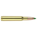 Nosler Ballistic Tip Rifle Ammunition, brass cartridge with copper bullet and green tip, side view