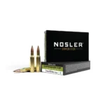 Nosler E-Tip ammunition, black box with three brass cartridges displayed in front