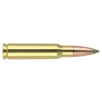 Nosler E-Tip rifle ammunition, side view of brass cartridge with green-tipped bullet