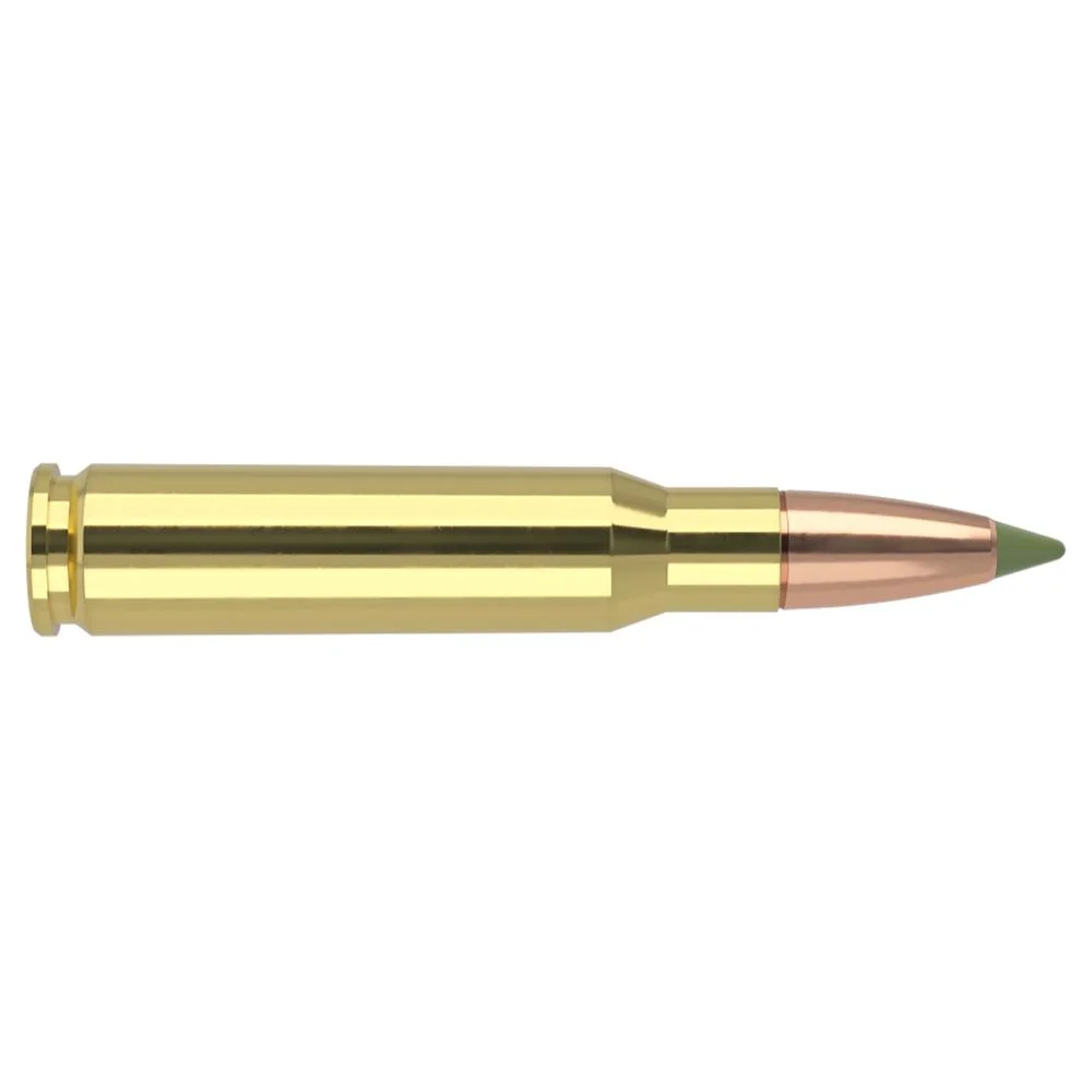 primary-27423 Nosler E-Tip rifle ammunition, side view of brass cartridge with green-tipped bullet