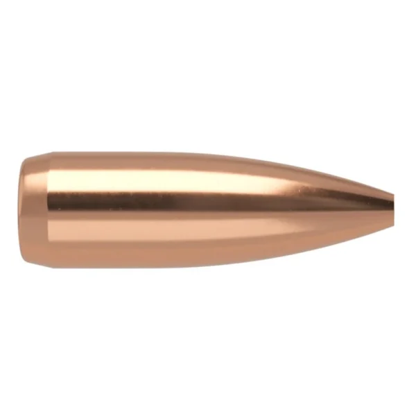 Nosler Custom Competition Rifle Bullets, side view of copper-coloured pointed bullet