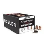 Nosler Sporting Handgun pistol bullets, black retail box with three copper-coloured bullets