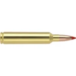 Nosler Ballistic Tip Rifle Ammunition, side view of brass cartridge with red polymer tip