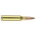 Nosler E-Tip Rifle Ammunition, side view of brass cartridge with copper bullet and green tip