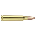 Nosler Varmegeddon Rifle Ammunition .223 Rem, brass cartridge with copper-colored bullet, side view
