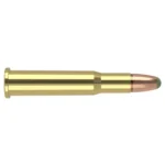 Nosler E-Tip Rifle Ammunition, brass cartridge with copper-colored pointed bullet, side view