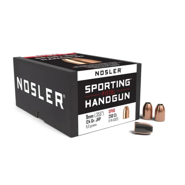 Nosler Sporting Handgun Pistol Bullets, black box with three copper-coloured bullets