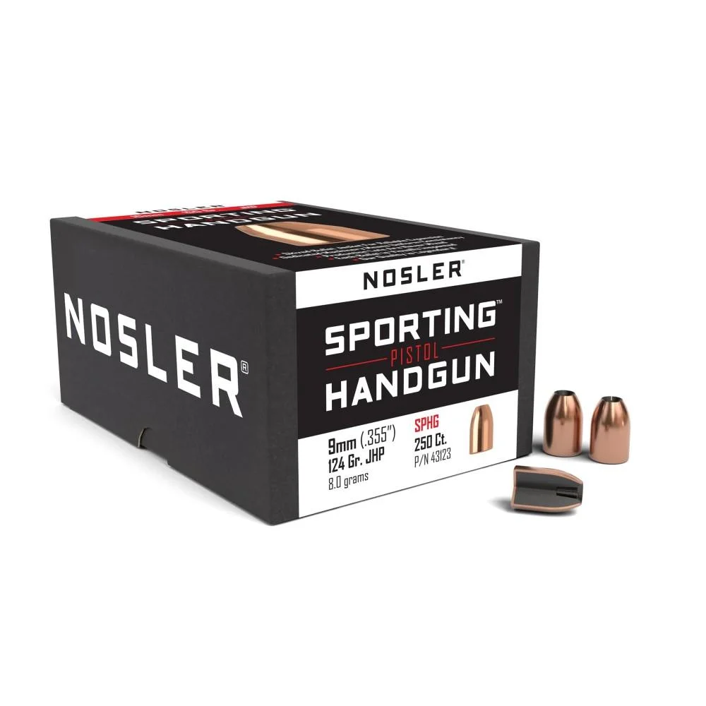 primary-27480 Nosler Sporting Handgun Pistol Bullets, black box with three copper-coloured bullets