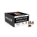 Nosler Sporting Handgun Pistol Bullets, black product box with loose copper-coloured bullets