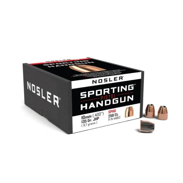 Nosler Sporting Handgun Pistol Bullets, black product box with loose copper-coloured bullets