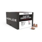 Nosler Sporting Handgun Pistol Bullets, black and white box with four copper-colored bullets