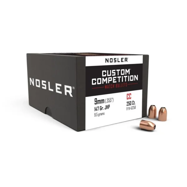 Nosler Sporting Handgun Pistol Bullets, black and white box with four copper-colored bullets