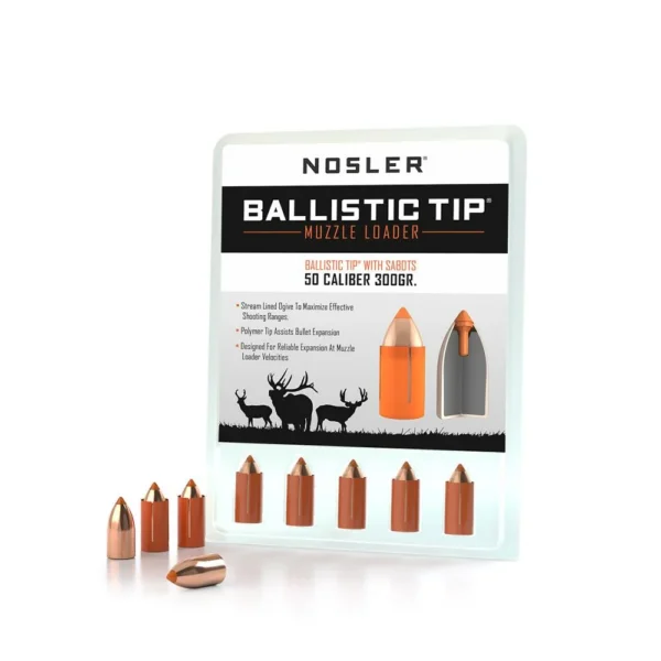 Nosler Ballistic Tip Muzzleloader Bullets package with loose copper-colored bullets in front