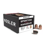 Nosler Sporting Handgun Pistol Bullets, black box with three copper-colored bullets