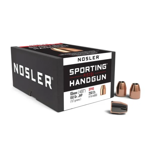 Nosler Sporting Handgun Pistol Bullets, black box with three copper-colored bullets