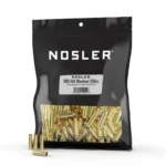 Nosler unprimed brass rifle cartridge cases spilling from a black branded bulk bag