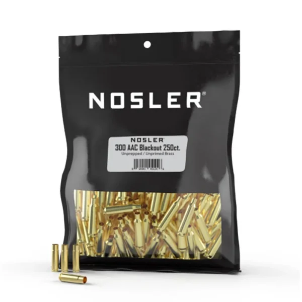 Nosler unprimed brass rifle cartridge cases spilling from a black branded bulk bag