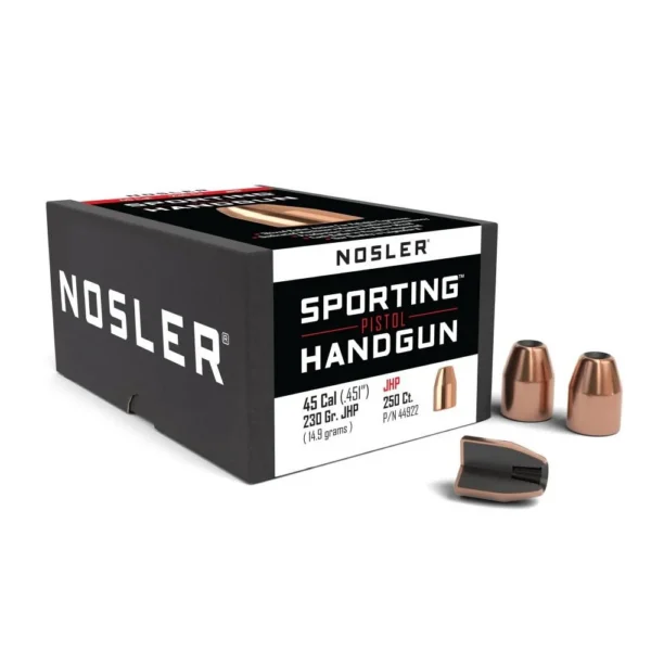 Nosler Sporting Handgun Pistol Bullets, black box with three copper-coloured bullets
