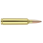 Nosler Match Grade Rifle Ammunition, side view of a brass cartridge with copper-colored pointed bullet