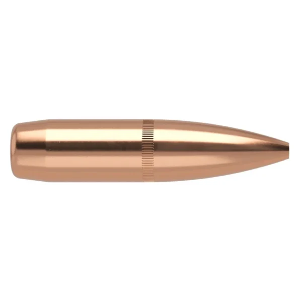 Nosler Custom Competition Rifle Bullets, side view of copper-coloured pointed bullet