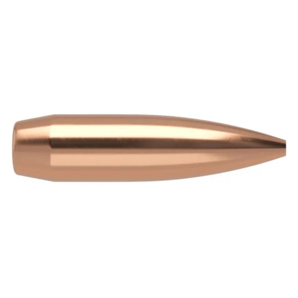 Nosler Custom Competition copper-colored rifle bullet in side view with pointed tip
