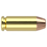 Nosler ASP Handgun Ammunition, side view of brass cartridge with copper-colored bullet