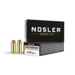Nosler ASP Handgun Ammunition, black retail box with three brass cartridges beside it