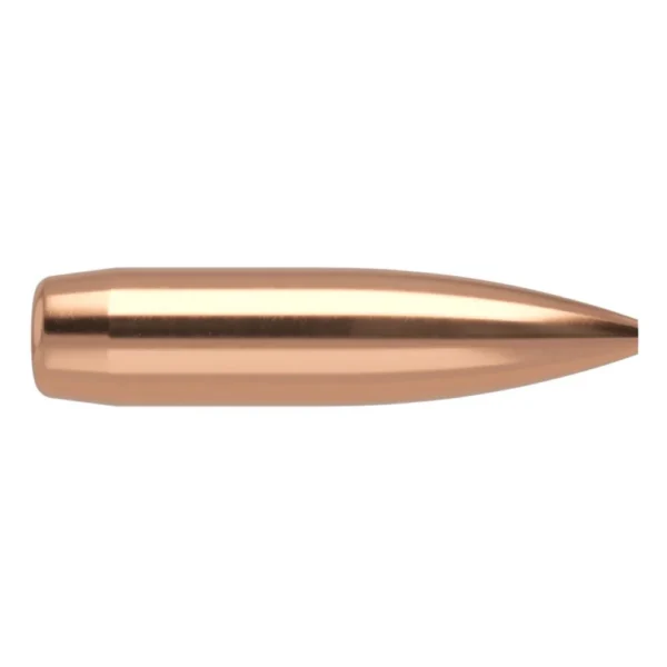 Nosler Custom Competition Rifle Bullets, copper-coloured pointed bullet in side view