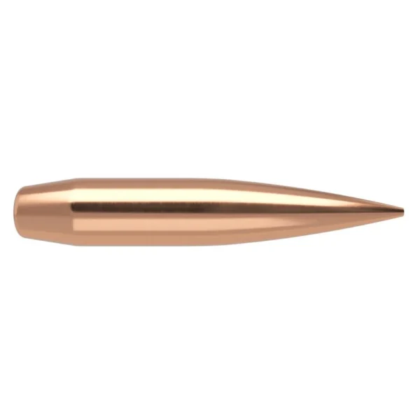 Nosler RDF Rifle Bullets, side view of a copper-colored pointed bullet with recessed base