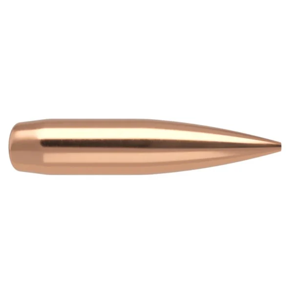 Nosler RDF Match Rifle Bullets copper-coloured pointed bullet, side view with grooved body
