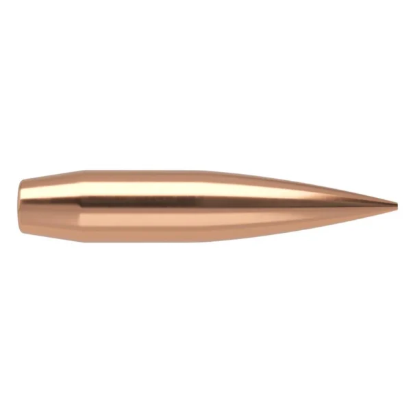 Nosler RDF Match copper-coloured rifle bullet with pointed tip and tapered rear, side view