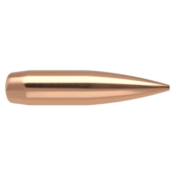 Nosler RDF Match Rifle Bullets, copper-coloured bullet in side view with pointed tip